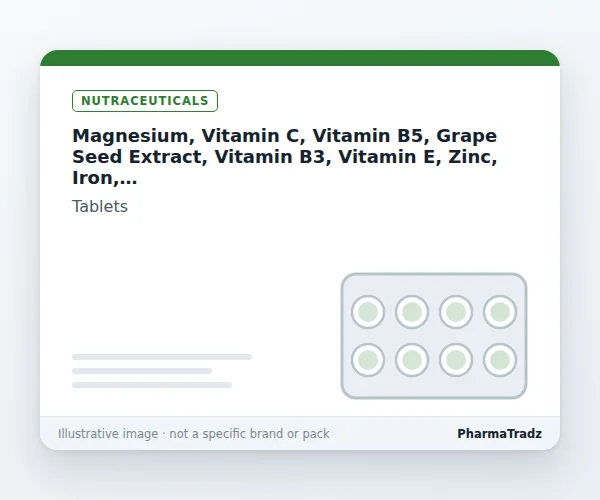Magnesium, Vitamin C, Vitamin B5, Grape Seed Extract, Vitamin B3, Vitamin E, Zinc, Iron, Biotin, L-Cysteine, Vitamin B2, Vitamin B6, Vitamin B12, Vitamin D3, Astaxanthin, Copper, Manganese, Vitamin B9, Iodine, Chromium Tablet Tablets manufacturers & suppliers