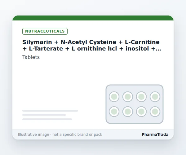 Silymarin + N-Acetyl Cysteine + L-Carnitine + L-Tarterate + L ornithine hcl + inositol + cholin batarterate + Co-Q 10 Tablets manufacturers & suppliers